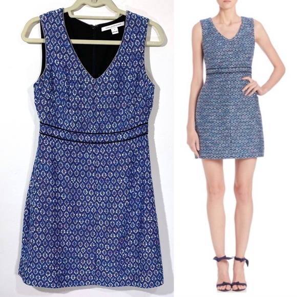 Diane Von Furstenberg Leelou Blue Tweed Metallic Sheath Dress 4 - Picture 1 of 7